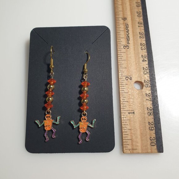 Handmade Halloween Dangle Earrings Dancing Skeleton Charms Orange Beads Hooks - Picture 4 of 4